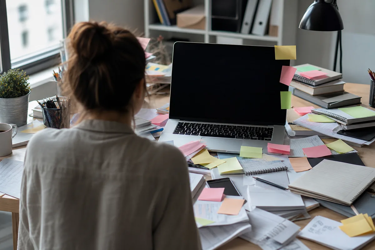 Travailleur indépendant submergé de notes papier et numériques à son bureau