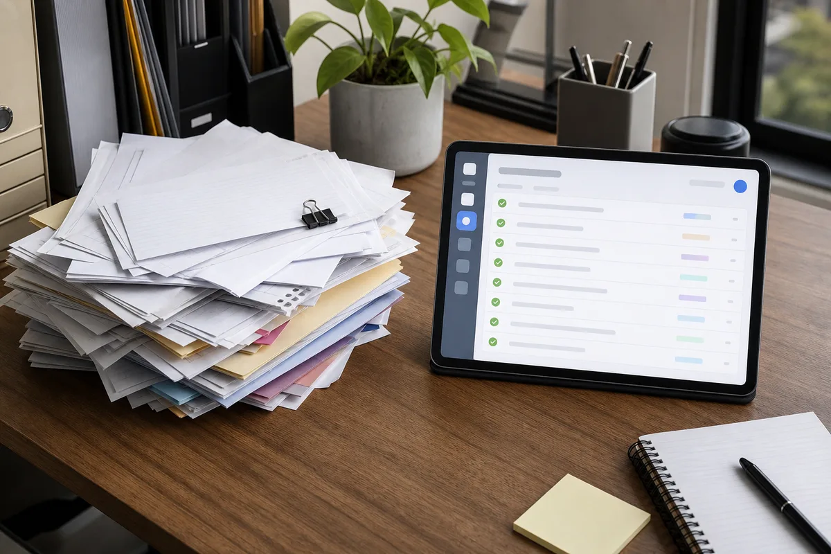 Bureau en désordre avec des documents papier face à une tablette affichant une liste organisée