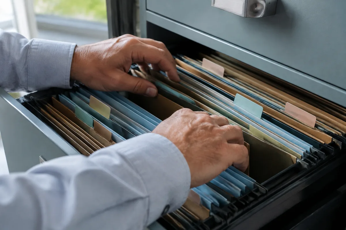 Mains classant des dossiers cartonnés dans un tiroir de bureau, lumière naturelle