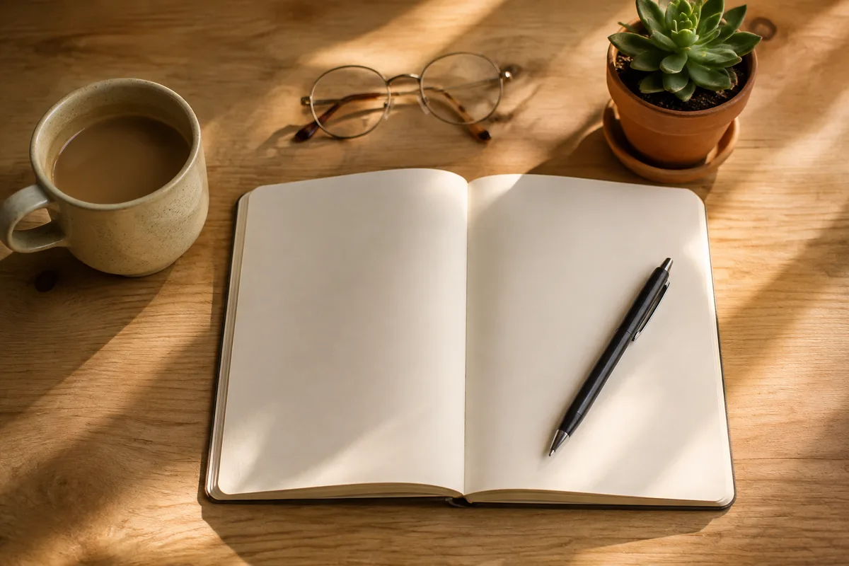 Bureau clair avec un carnet ouvert et un stylo posé à côté d&rsquo;une tasse
