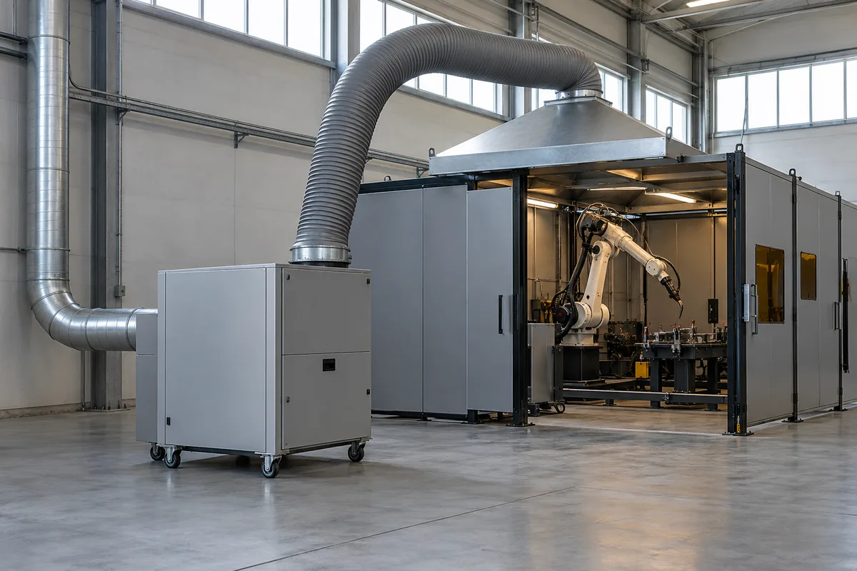Caisson de filtration mobile gris relié par un flexible à la hotte d’une cellule robotisée