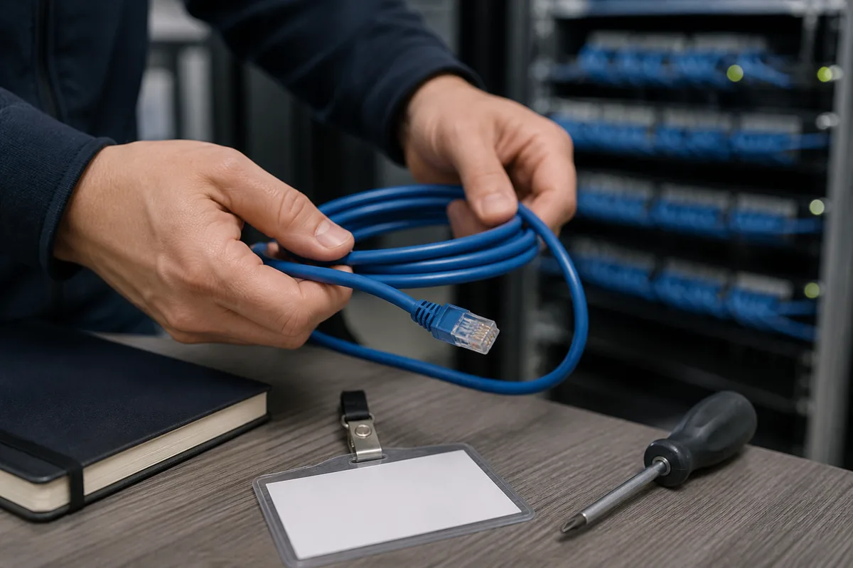 Mains d’un technicien informatique manipulant un câble réseau au-dessus d’un bureau, baie de brassage à l’arrière-plan