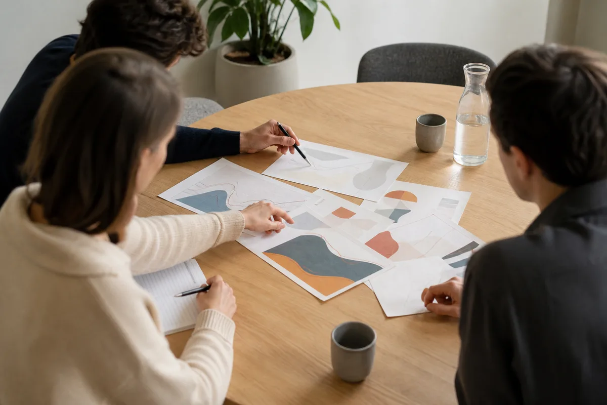 Table de réunion en chêne clair vue en légère plongée, trois personnes de dos penchées sur des documents imprimés et des tasses de café