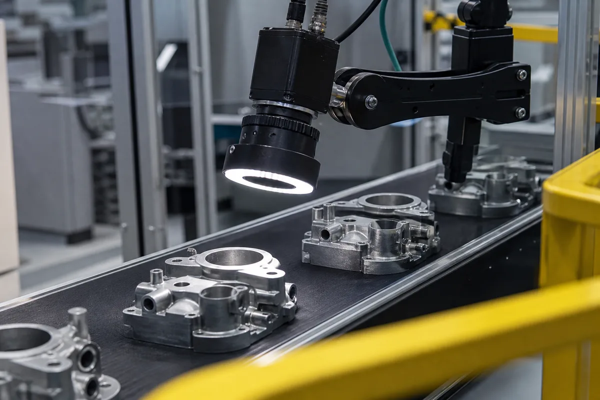Caméra industrielle montée au-dessus d’un convoyeur de pièces métalliques
