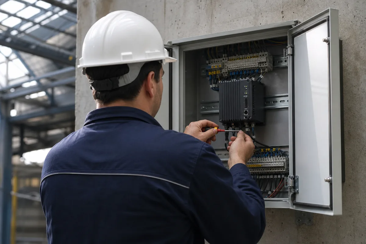 Technicien de dos raccordant un boîtier informatique durci sur un rail en local technique