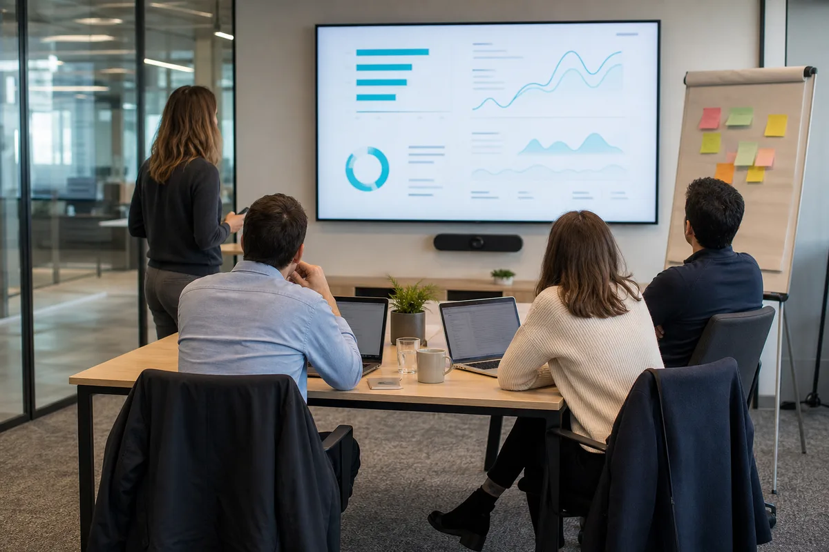 Réunion d&rsquo;équipe marketing analysant un tableau de suivi de visibilité sur un écran mural