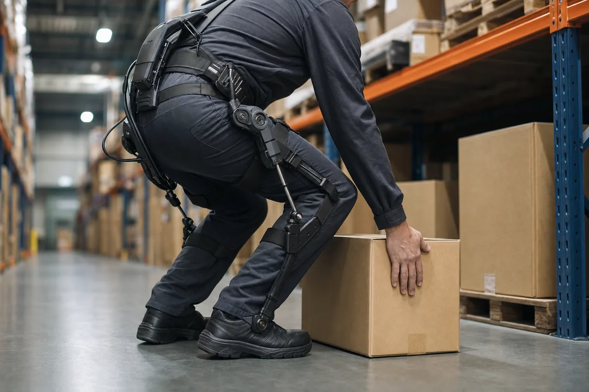 Opérateur équipé d&rsquo;un exosquelette dorsal soulevant un carton en entrepôt