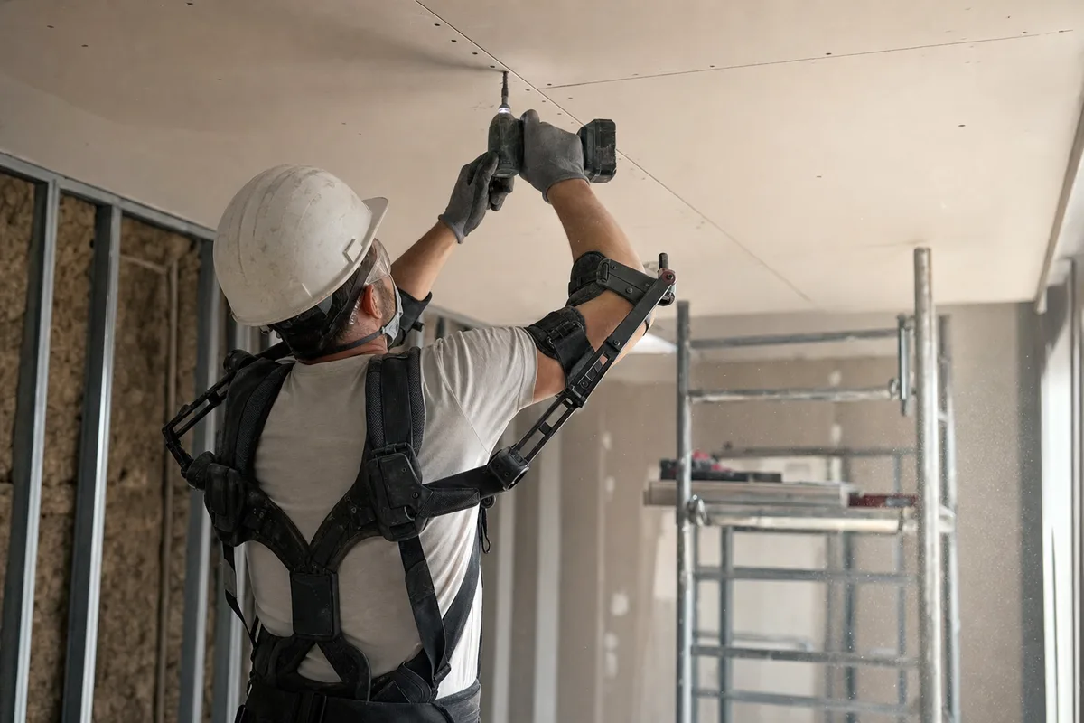 Artisan portant un exosquelette d&rsquo;épaules pour visser une plaque au plafond