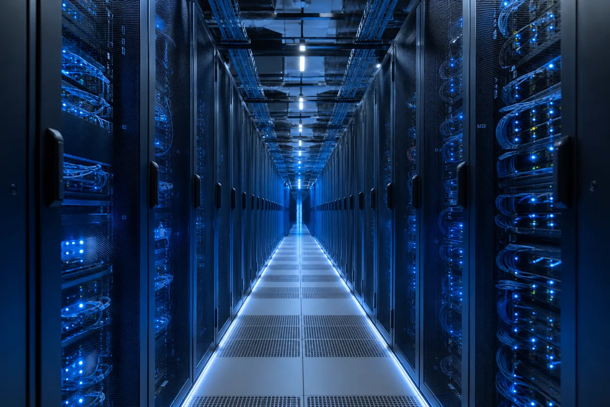 Salle serveur éclairée de LED bleues symbolisant l’infrastructure des moteurs génératifs