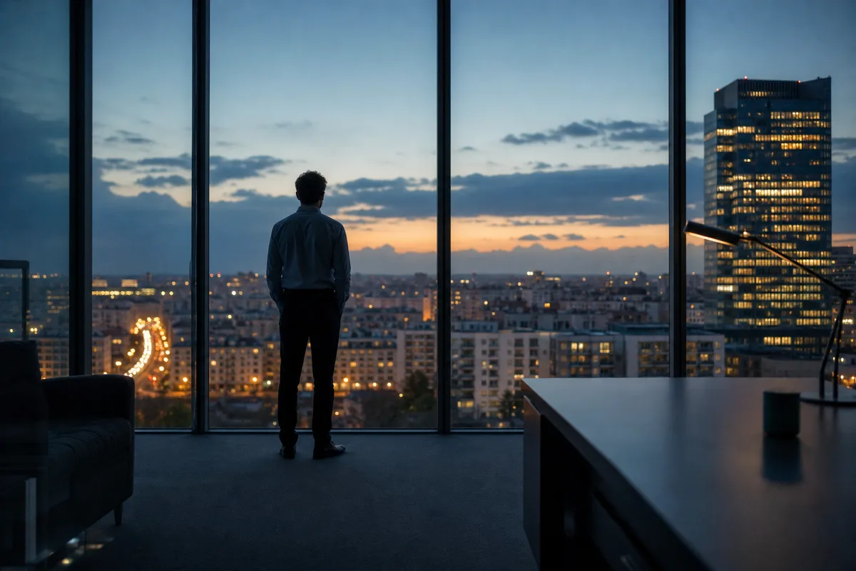 Personne de dos face à une baie vitrée dans un bureau moderne au crépuscule