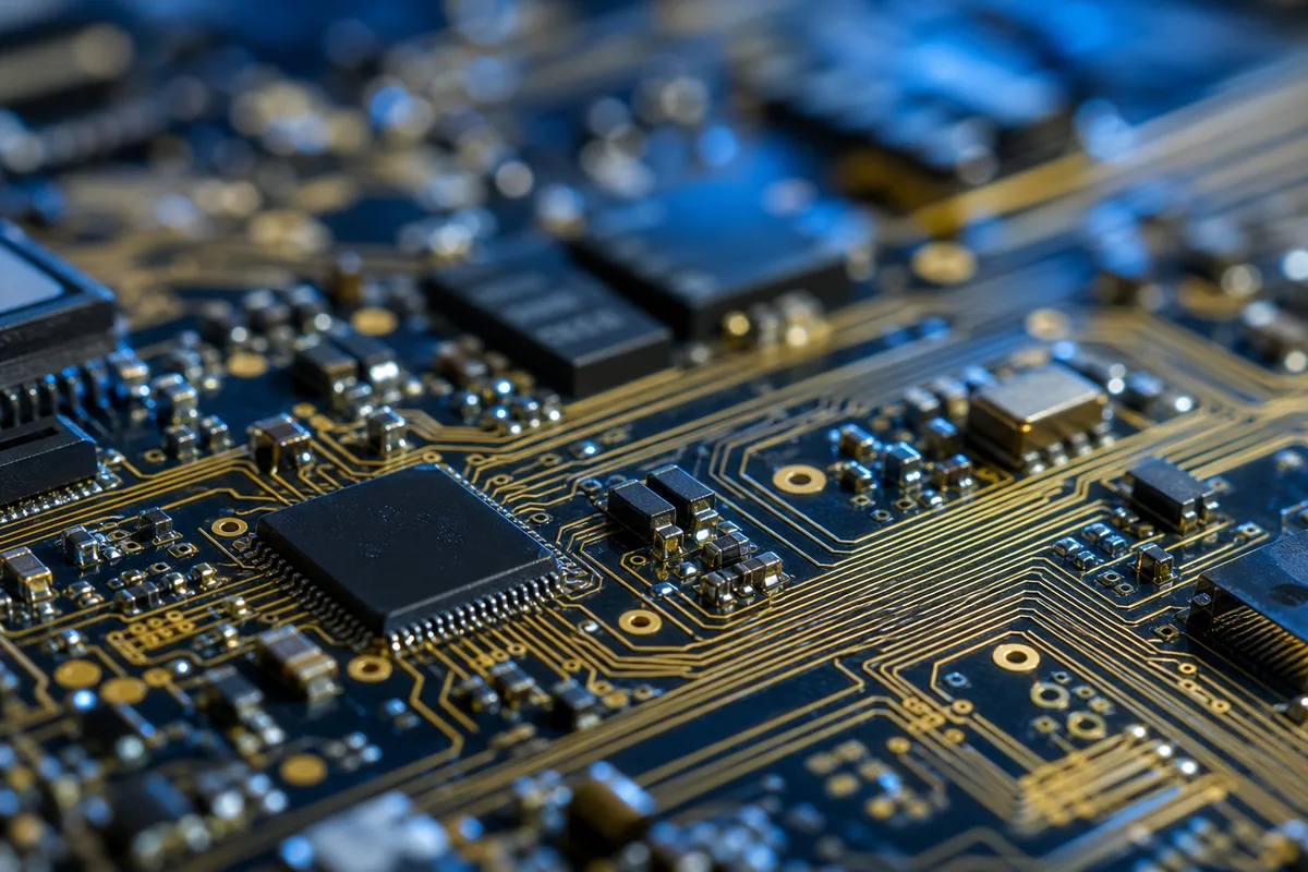 Macro de circuits électroniques aux reflets bleutés évoquant le traitement automatique du langage