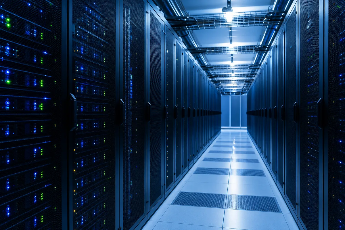 Salle serveur d’un centre de données, éclairage bleu, allées de baies informatiques