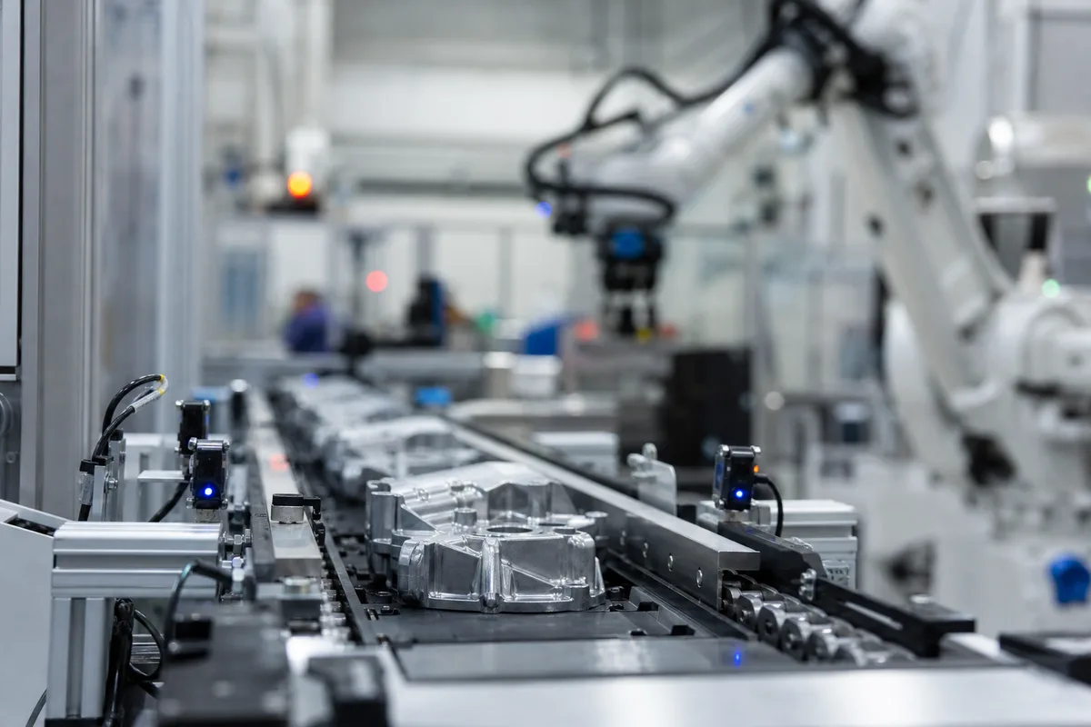 Ligne de production automatisée avec capteurs connectés dans une usine française