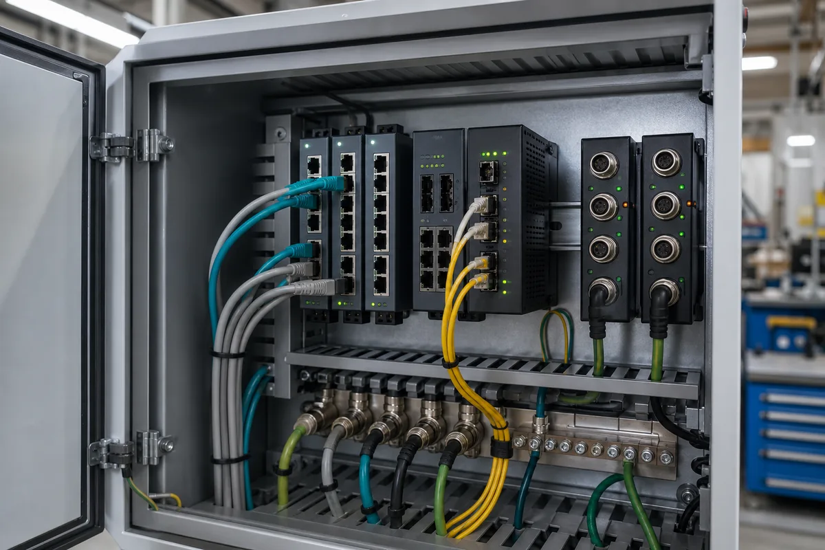 Armoire réseau industrielle avec switches durcis et câblage fibre dans un atelier