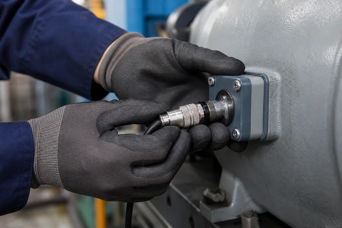 Technicien vérifiant la connectique de capteurs IoT sur une machine industrielle