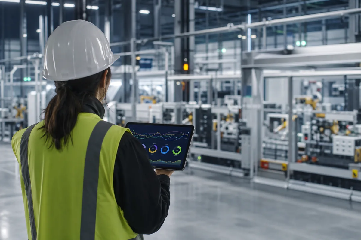 Superviseur consultant un tableau de bord de production connectée sur tablette en usine