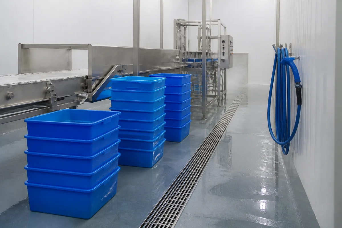 Convoyeur inox et bacs alimentaires bleus unis dans un atelier de transformation éclairé