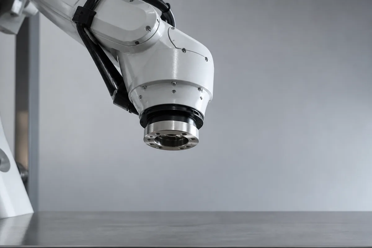 Bras robotisé au repos sur un plan de travail vide dans un atelier lumineux