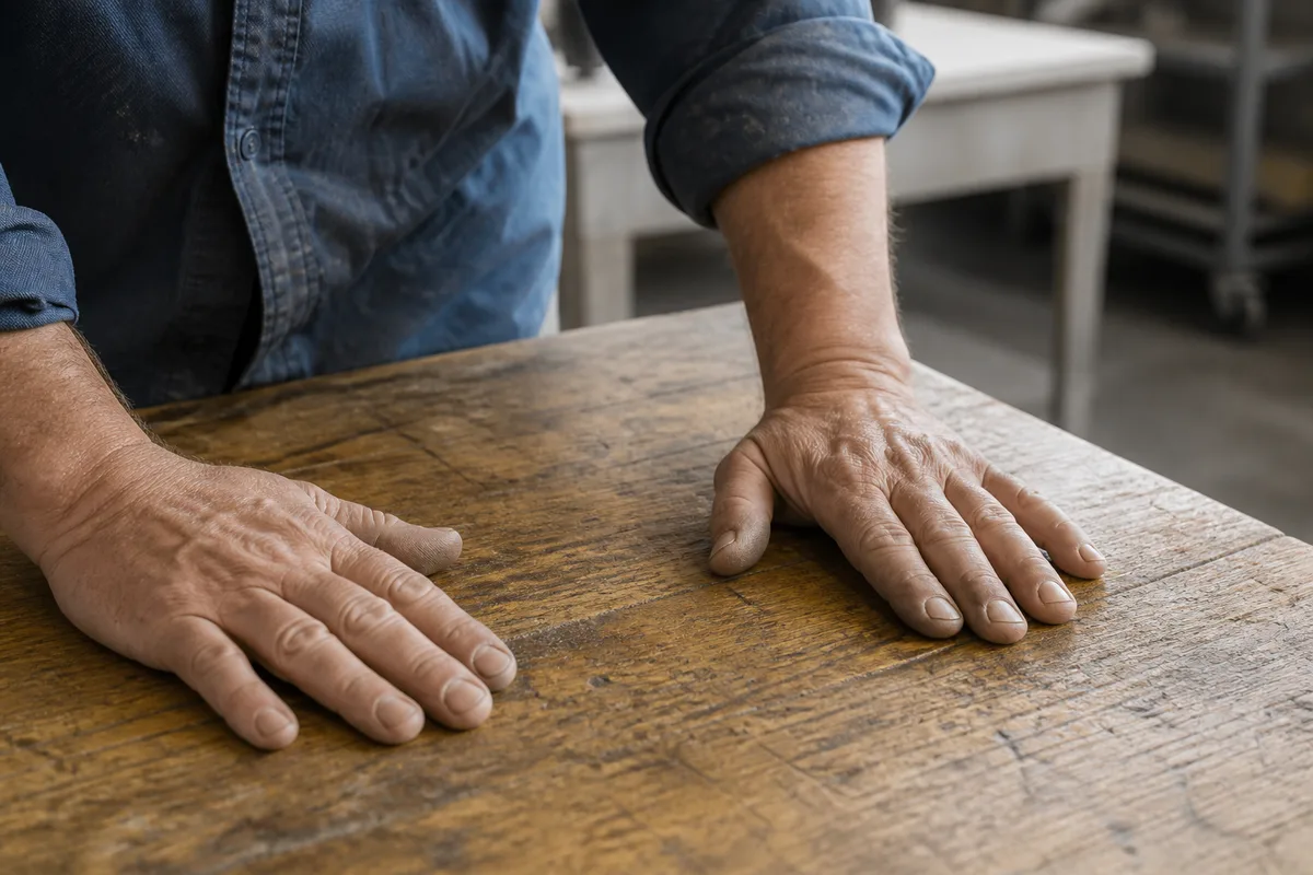 Mains posées à plat sur une table d&rsquo;atelier en bois près d&rsquo;un établi clair