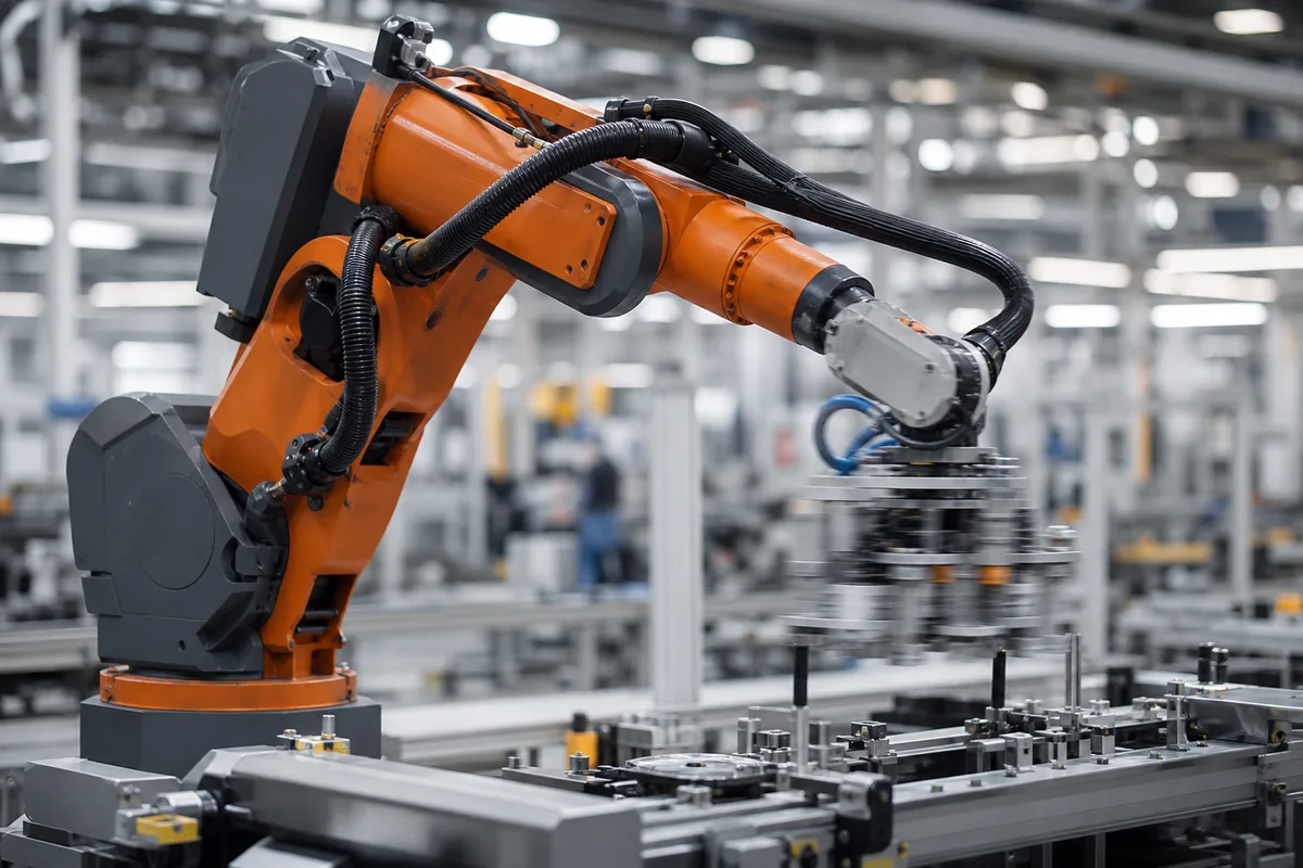 Bras robotisé en mouvement sur une ligne d&rsquo;assemblage moderne
