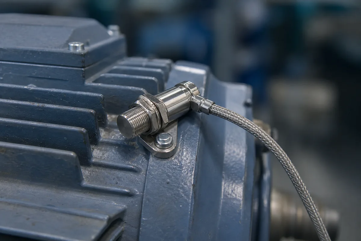 Capteur de vibration fixé sur le carter d&rsquo;un moteur industriel en gros plan