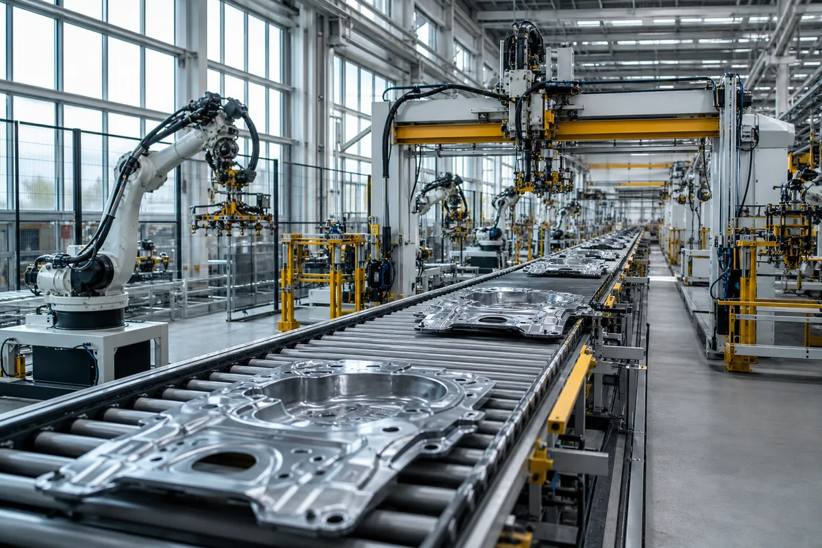 Ligne de production automatisée avec convoyeurs dans un atelier lumineux