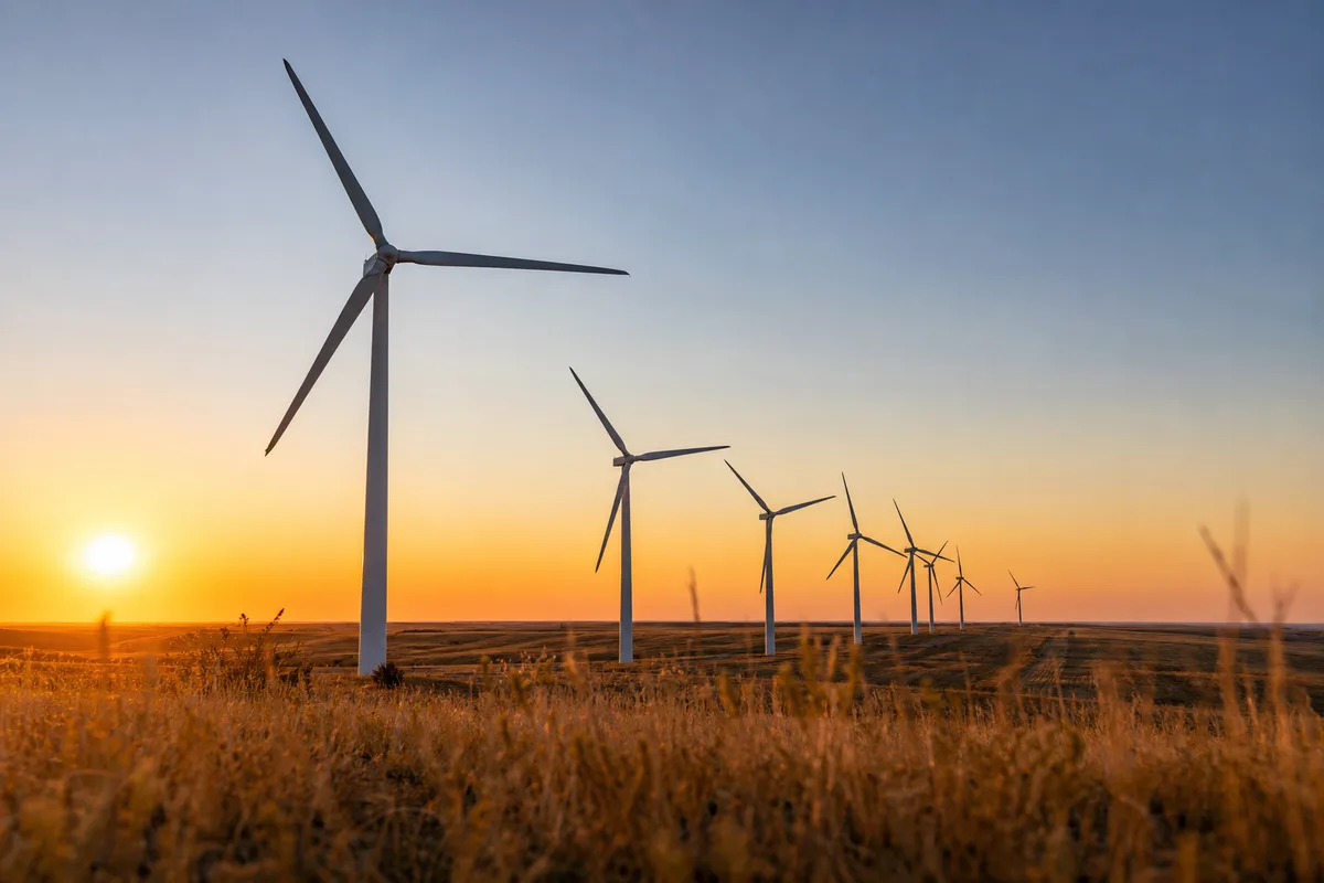 Parc d&rsquo;éoliennes au lever du soleil vu depuis le sol