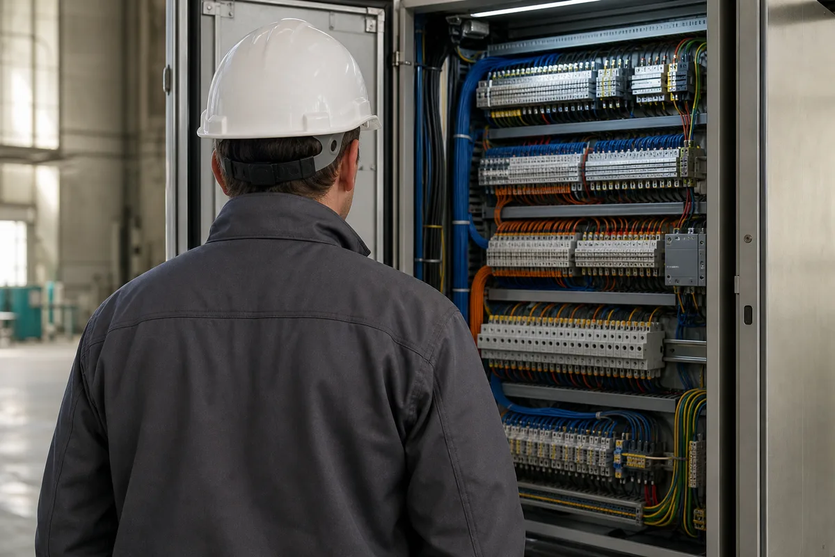 Technicien vu de dos inspectant une armoire électrique dans un atelier industriel