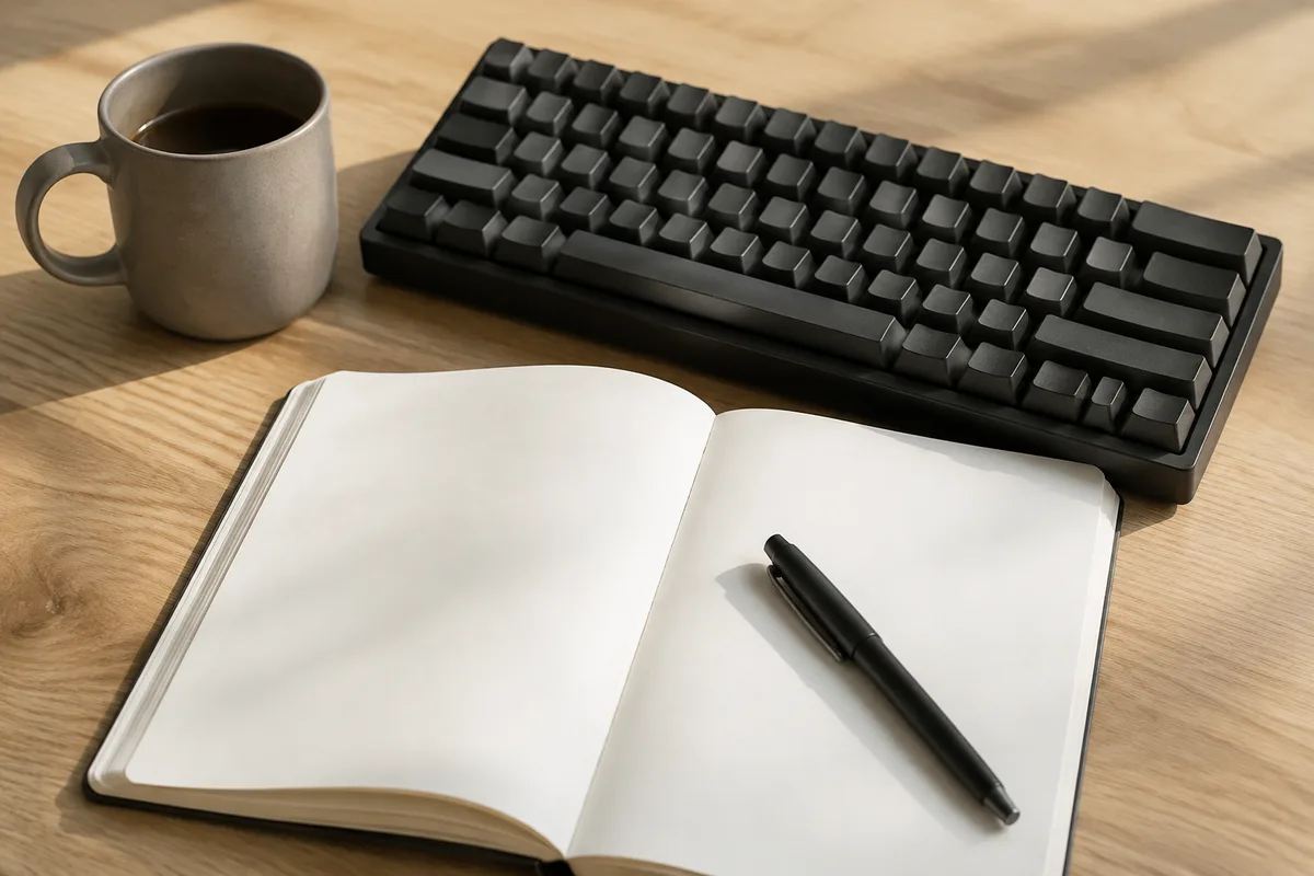 Bureau de développeur avec clavier mécanique et carnet de notes ouvert