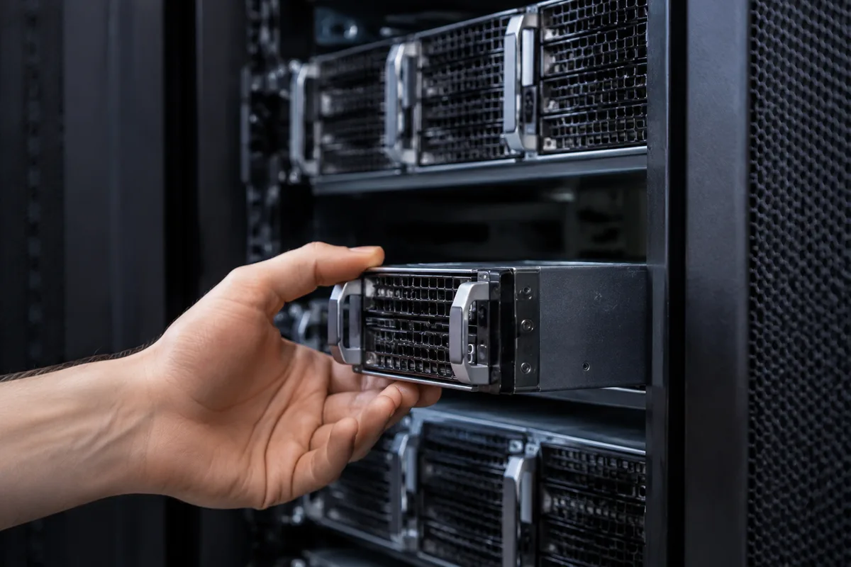 Baie de serveurs ouverte, main vérifiant un module de stockage