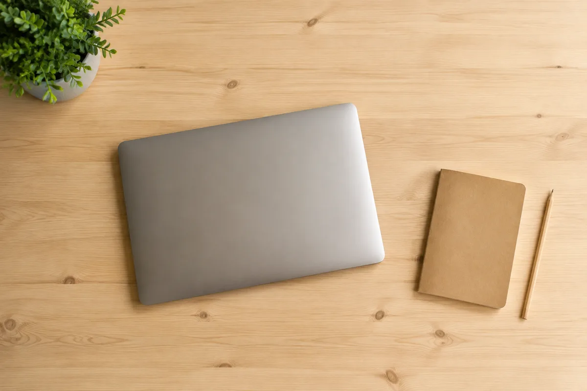 Plan de travail en bois clair avec ordinateur portable fermé et carnet