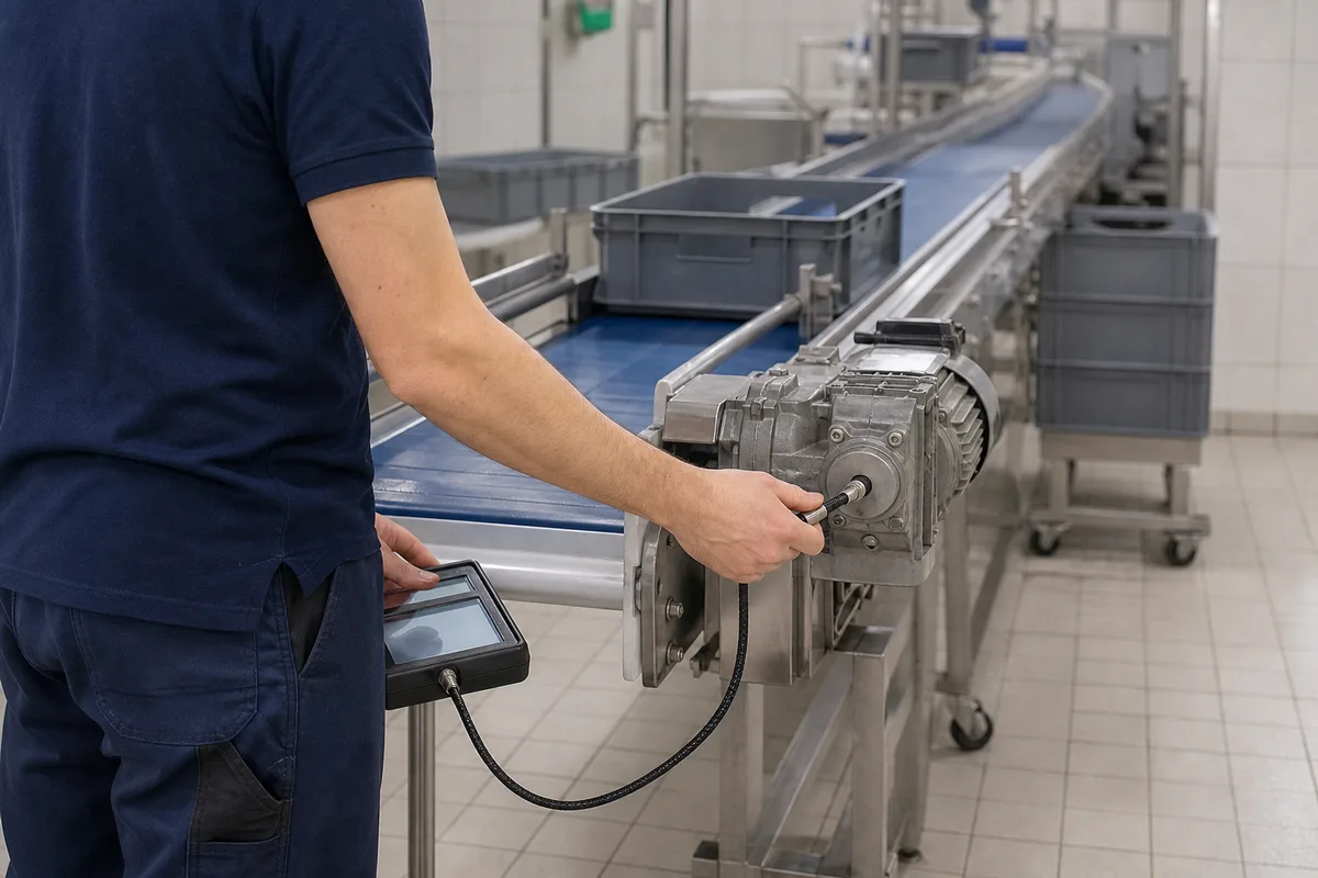 Technicien de maintenance appliquant un capteur de vibration magnétique sur le palier d&rsquo;un moteur électrique industriel
