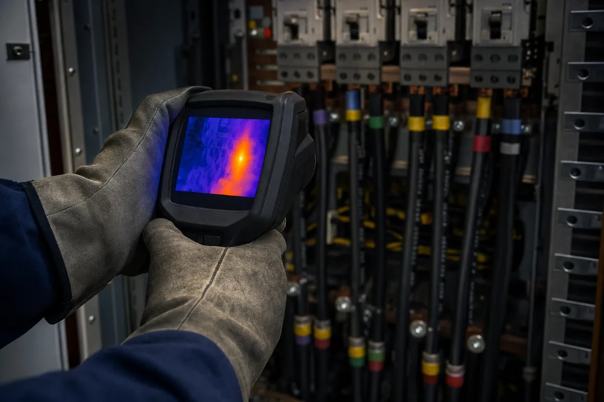 Armoire électrique industrielle inspectée à la caméra thermique dans un atelier de production