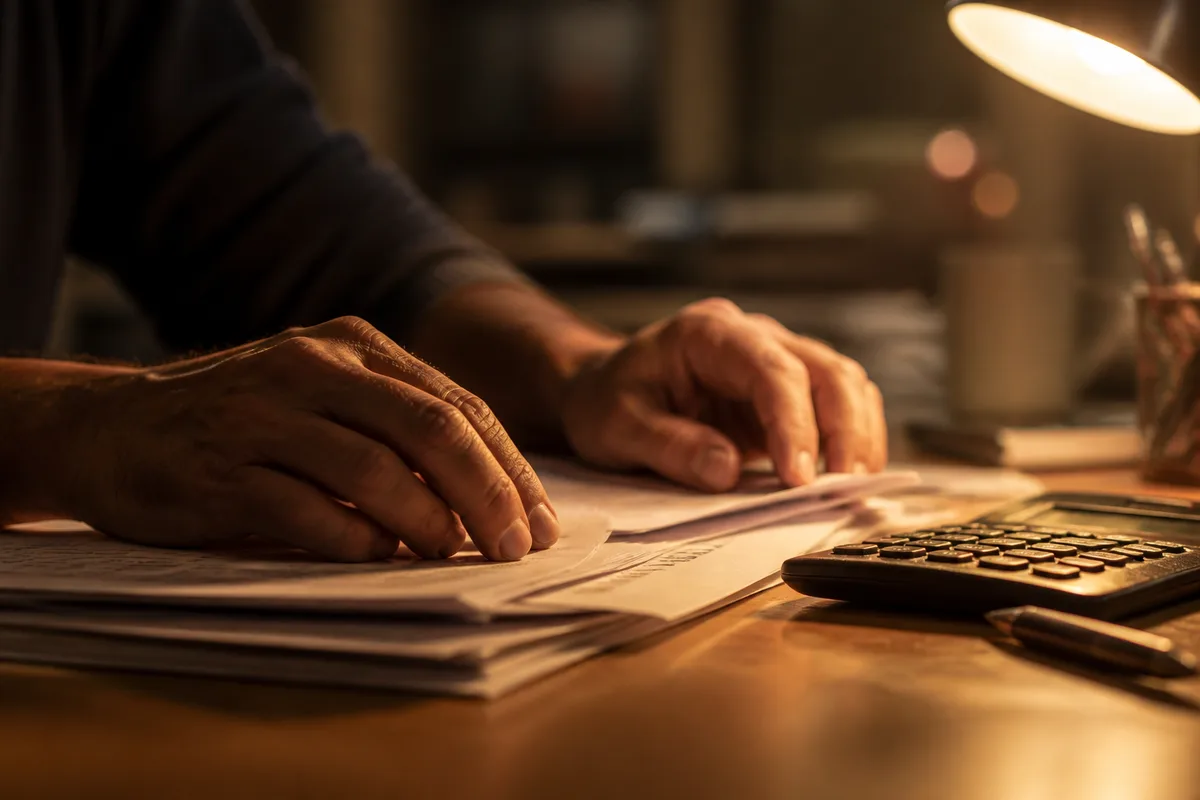 Dirigeante de petite entreprise consultant des documents papier sur son bureau en fin de journée