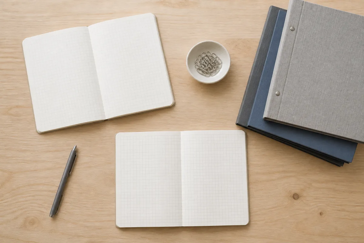 Table de travail vue du dessus avec carnets ouverts, classeurs et stylo sous une lumière naturelle