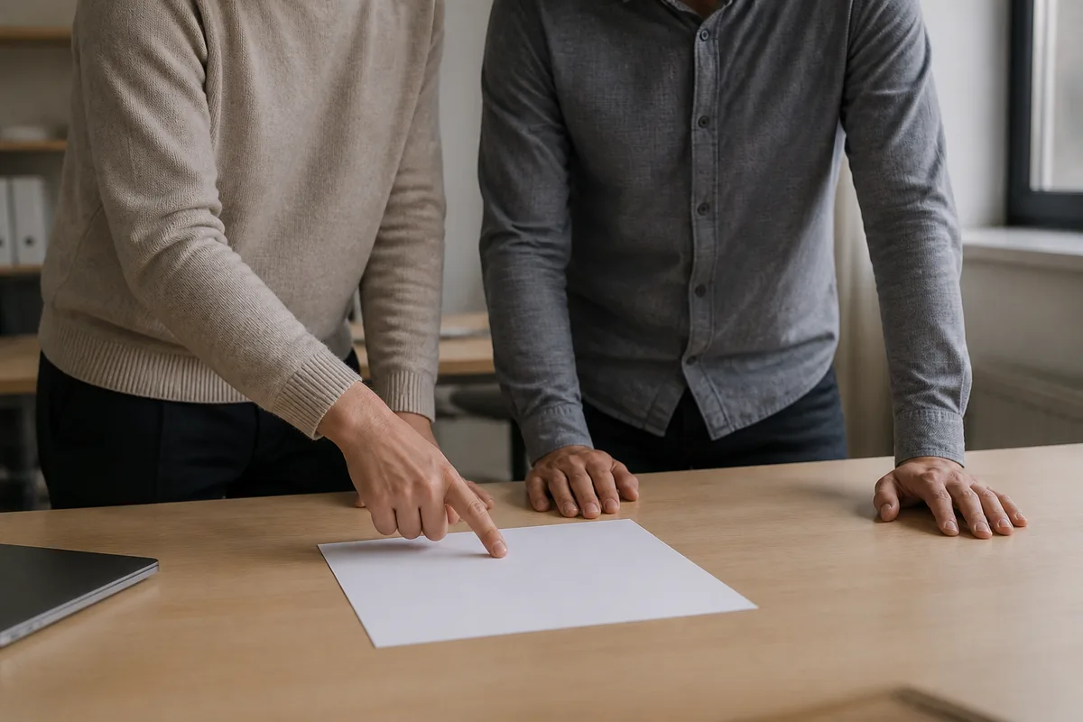 Deux collègues devant un plan de travail dans un petit bureau, une main désignant un document papier
