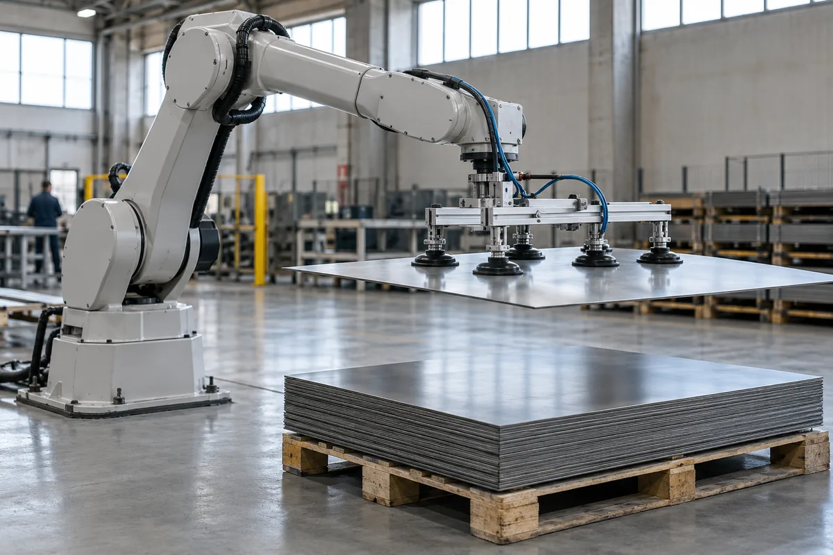 Bras robotisé soulevant une tôle plane avec un cadre de ventouses au-dessus d’une pile de tôles