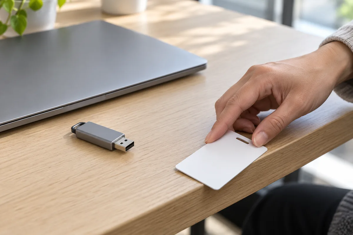 Badge d&rsquo;accès vierge et clé USB grise posés près d&rsquo;un ordinateur portable fermé
