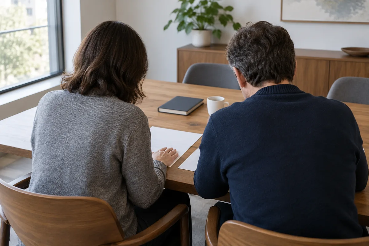 Deux personnes de dos comparant des feuilles retournées sur une table de réunion