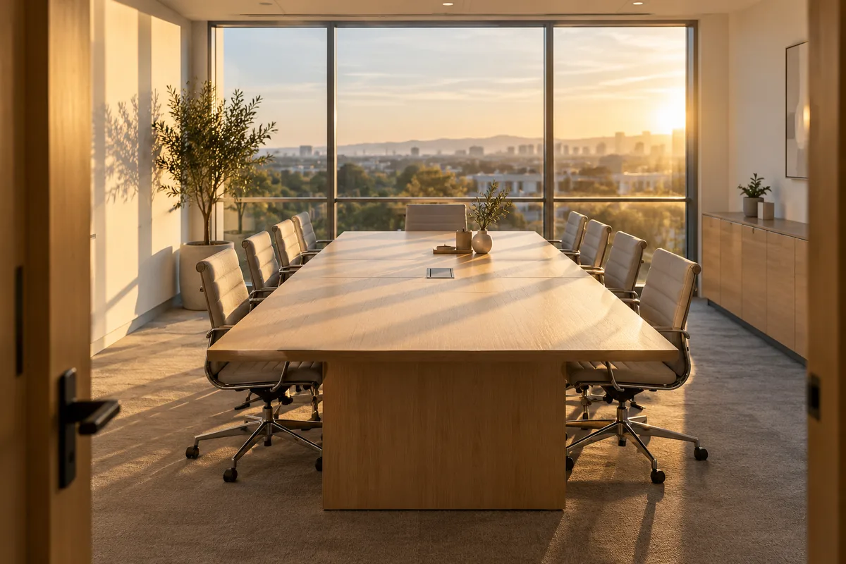 Salle de réunion vide avec une grande table et des chaises dans la lumière du soir