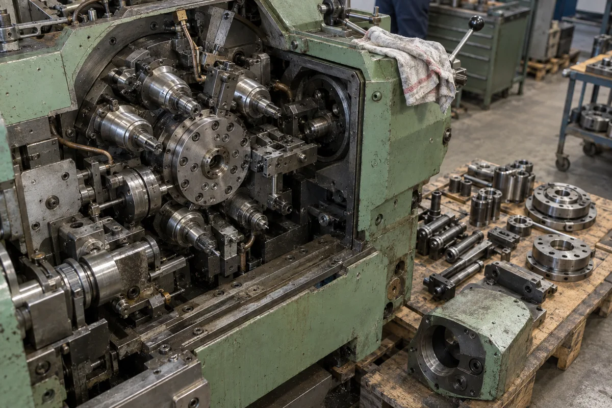 Tour automatique multibroches partiellement démonté dans un atelier d’usinage