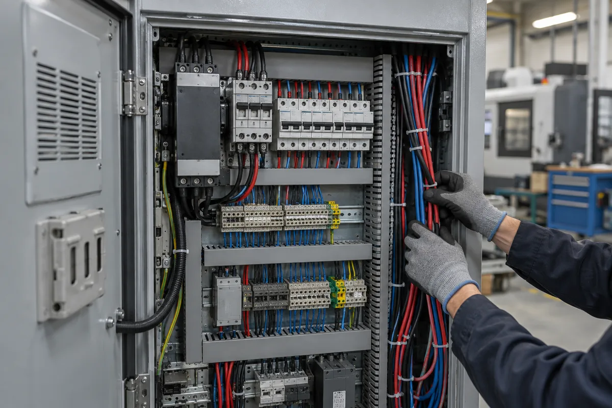 Armoire électrique de machine-outil ouverte, câblage et borniers apparents