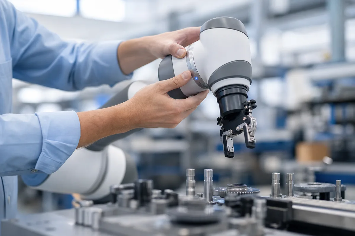 Opérateur guidant un bras cobot à la main dans un atelier