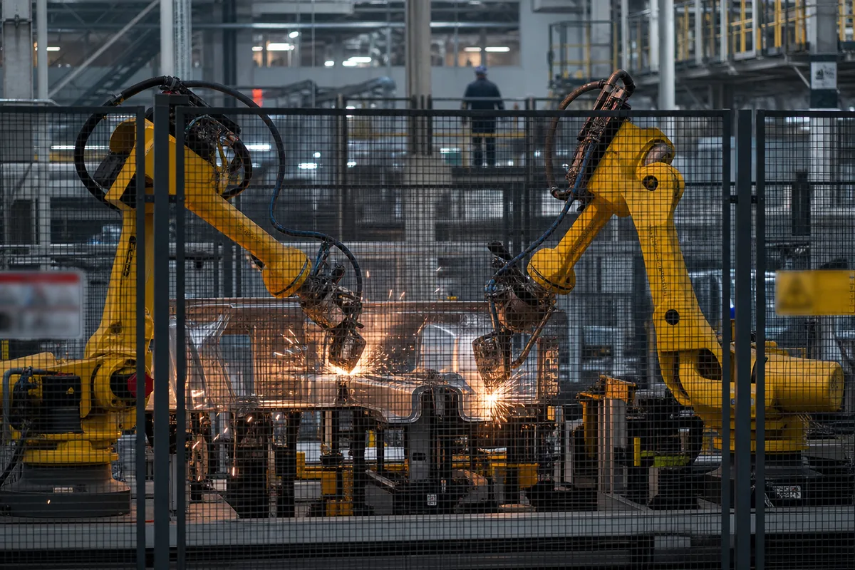 Cellule robotisée grillagée sur une ligne de production automobile