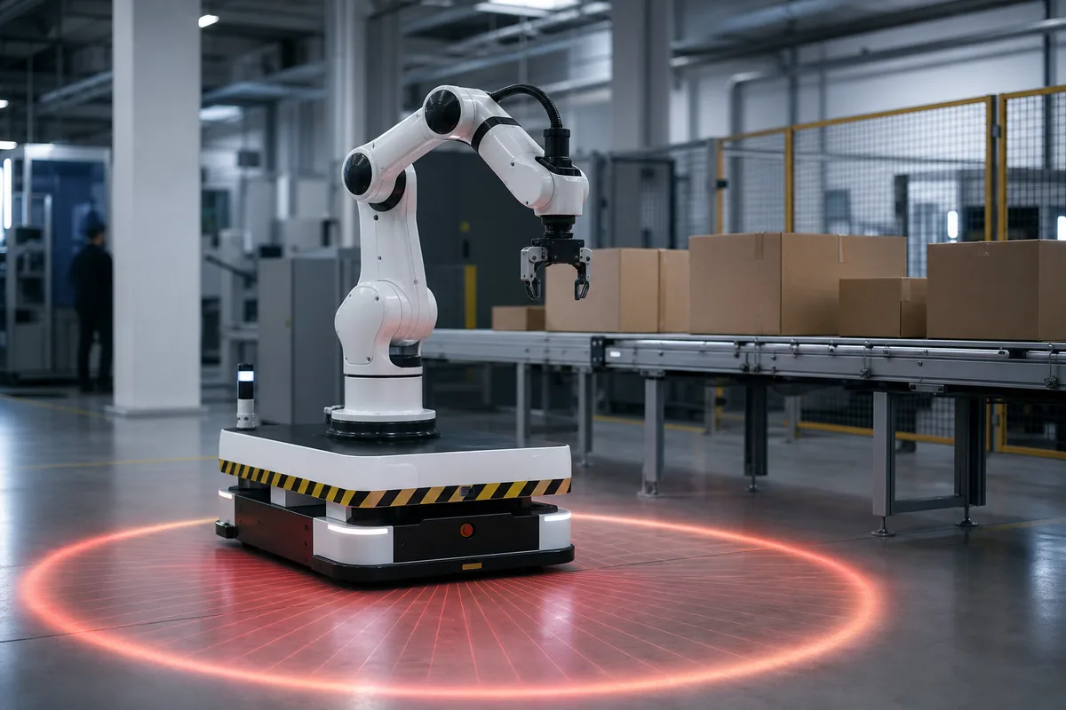 Bras robotisé hybride avec scrutateur laser au sol dans un atelier moderne