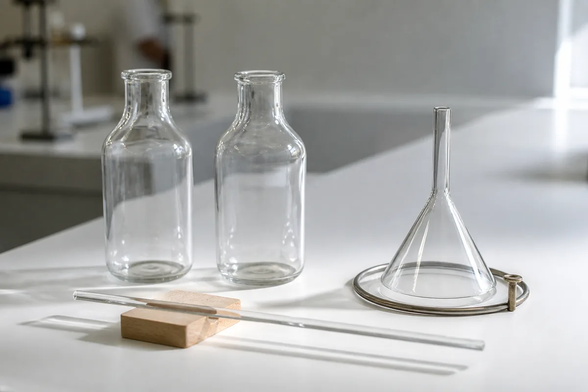 Paillasse de laboratoire claire avec verrerie sobre, lumière naturelle latérale