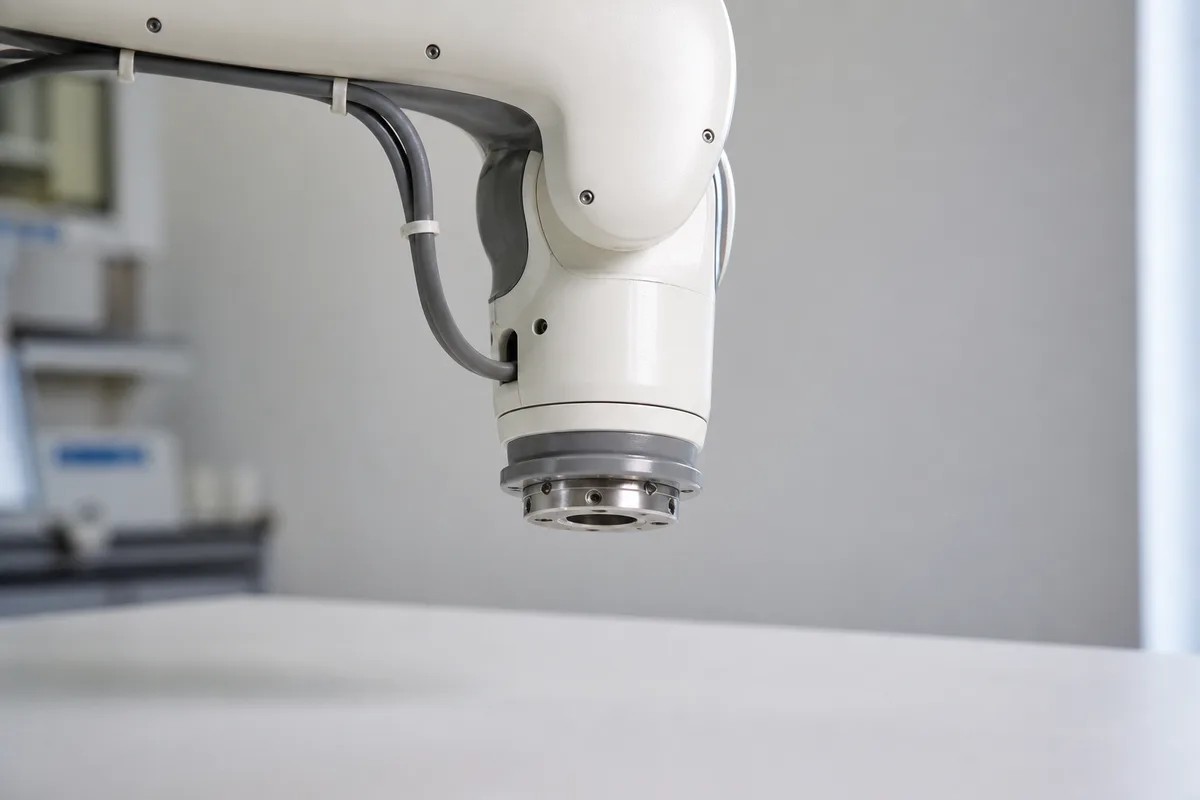 Bras mécanique au repos sur un plan de travail vide, fond neutre