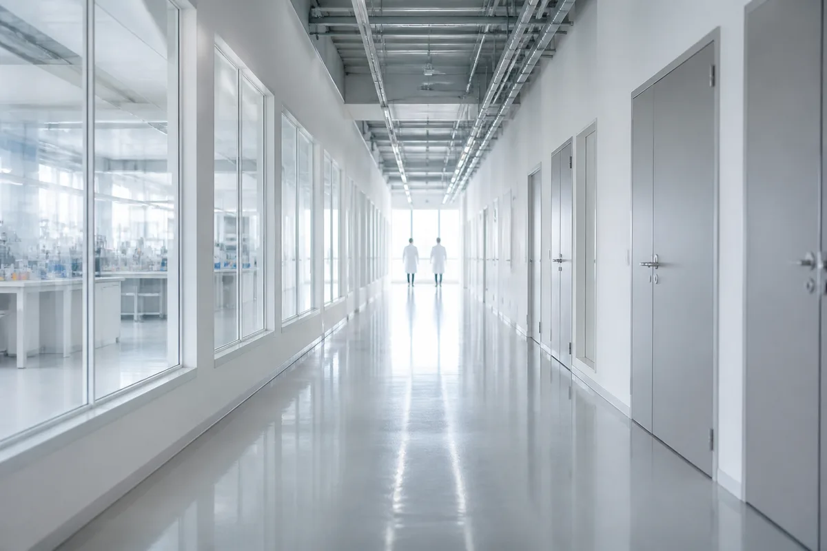 Couloir de laboratoire lumineux, silhouettes floues au loin