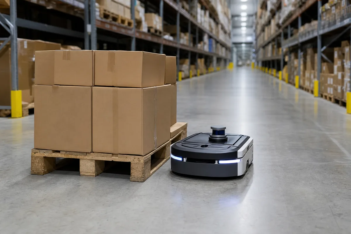 Robot mobile autonome contournant une palette dans une allée d’entrepôt