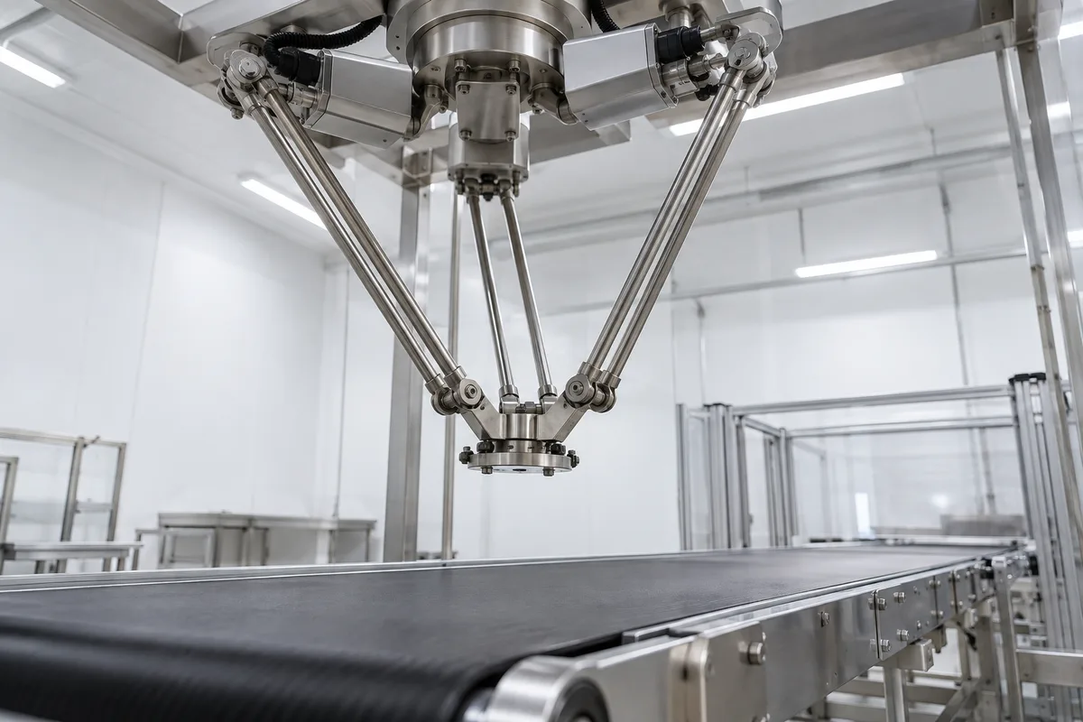 Robot delta suspendu au-dessus d&rsquo;un convoyeur à bande vide dans un atelier de conditionnement